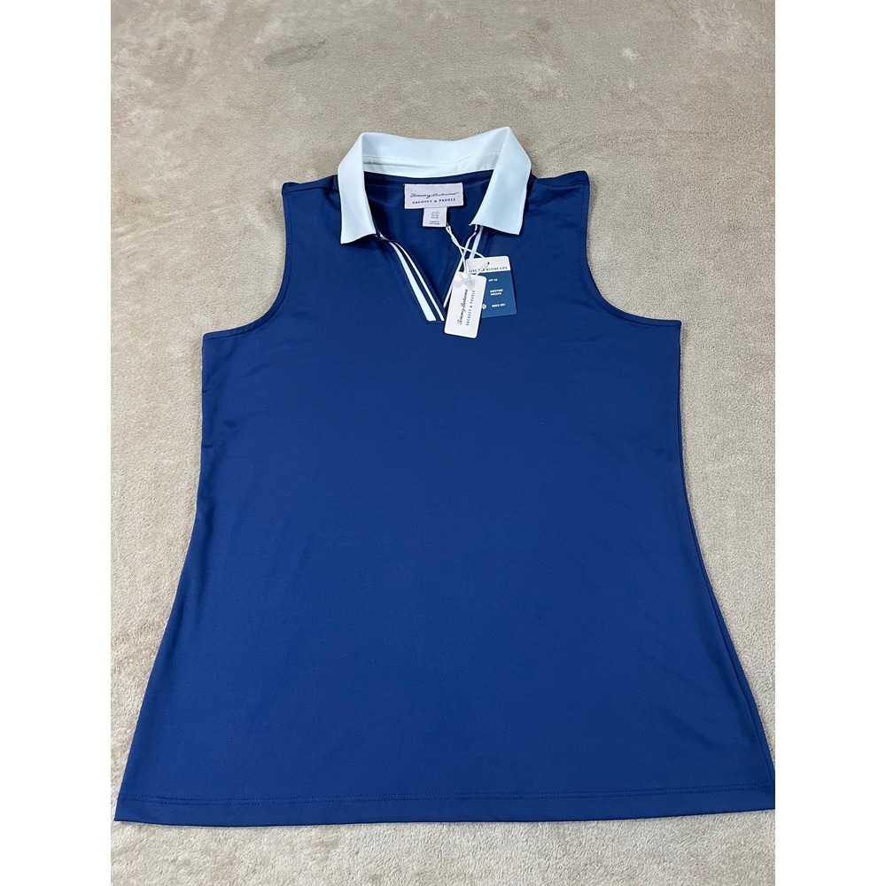Tommy Bahama Polo Shirt Women's Medium Navy Blue V-Neck Polyester Sleeveless NEW